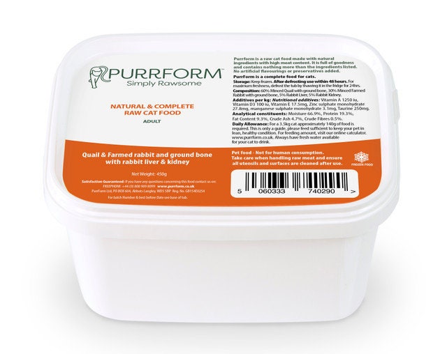 Cat Premium Organic Raw Food 20 Tubs of Purrform Quail & Farmed Rabbit with Ground Bone plus Rabbit Liver and Kidney