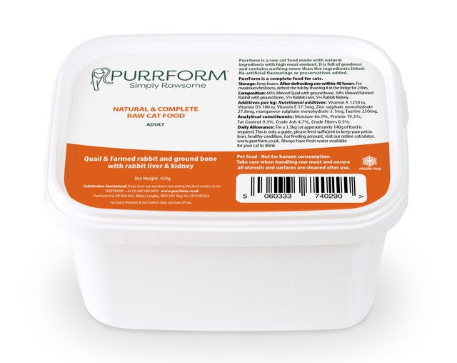 Cat Premium Organic Raw Food 10 Tubs of Purrform Quail & Farmed Rabbit with Ground Bone plus Rabbit Liver and Kidney