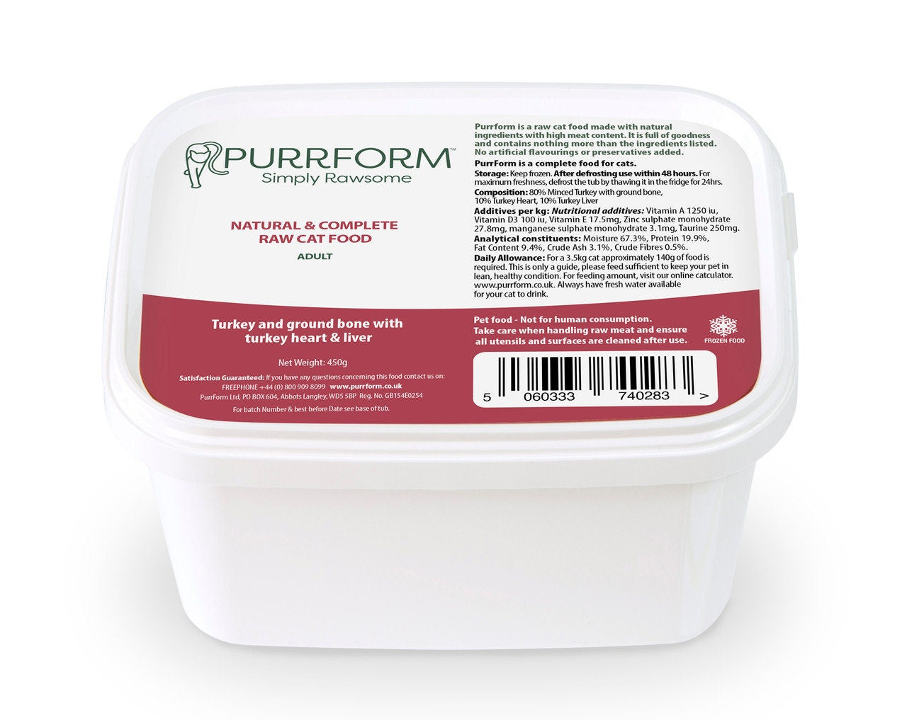 Cat Premium Organic Raw Food 10 Tubs of Purrform Farmed Turkey & Ground Bone with Turkey Heart plus Liver