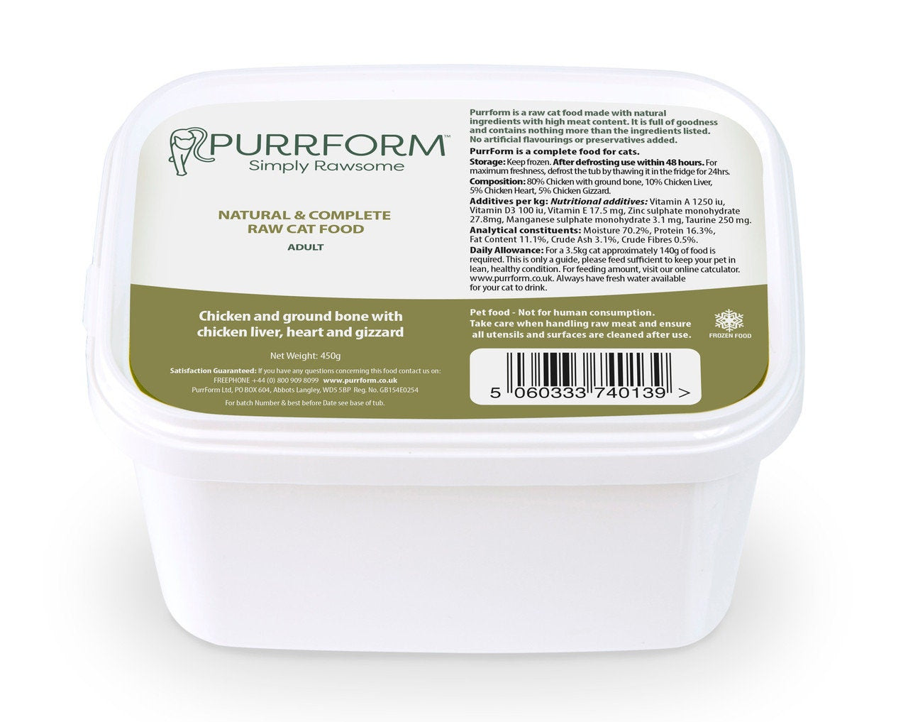 Cat Premium Organic Raw Food 20 Tubs of Purrform Farmed Chicken with Ground Bone with Chicken Liver Heart & Gizzard