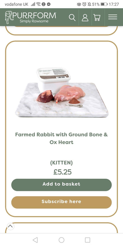 Cat Premium Organic Raw Food 10 Tubs of Purrform Farmed Rabbit with Ox Heart