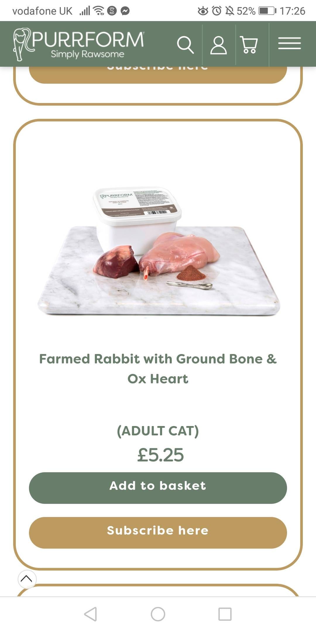 Cat Premium Organic Raw Food 10 Tubs of Purrform Farmed Rabbit with Ox Heart