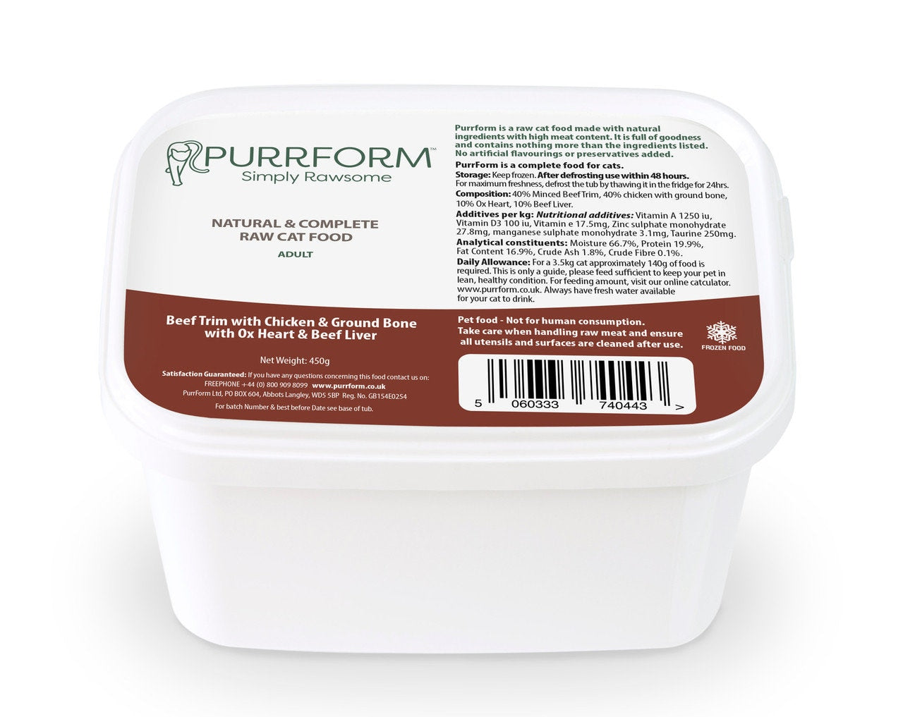 Cat Premium Organic Raw Food 10 Tubs of Purrform Farmed Beef Trim with Chicken & Ground Bone with Ox Heart plus Beef Liver