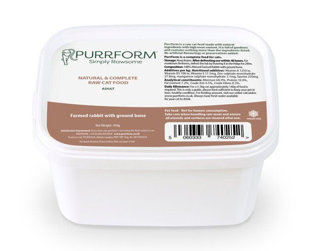 Cat Premium Organic Raw Food 20 Tubs of Purrform Farmed Rabbit with Ground Bone