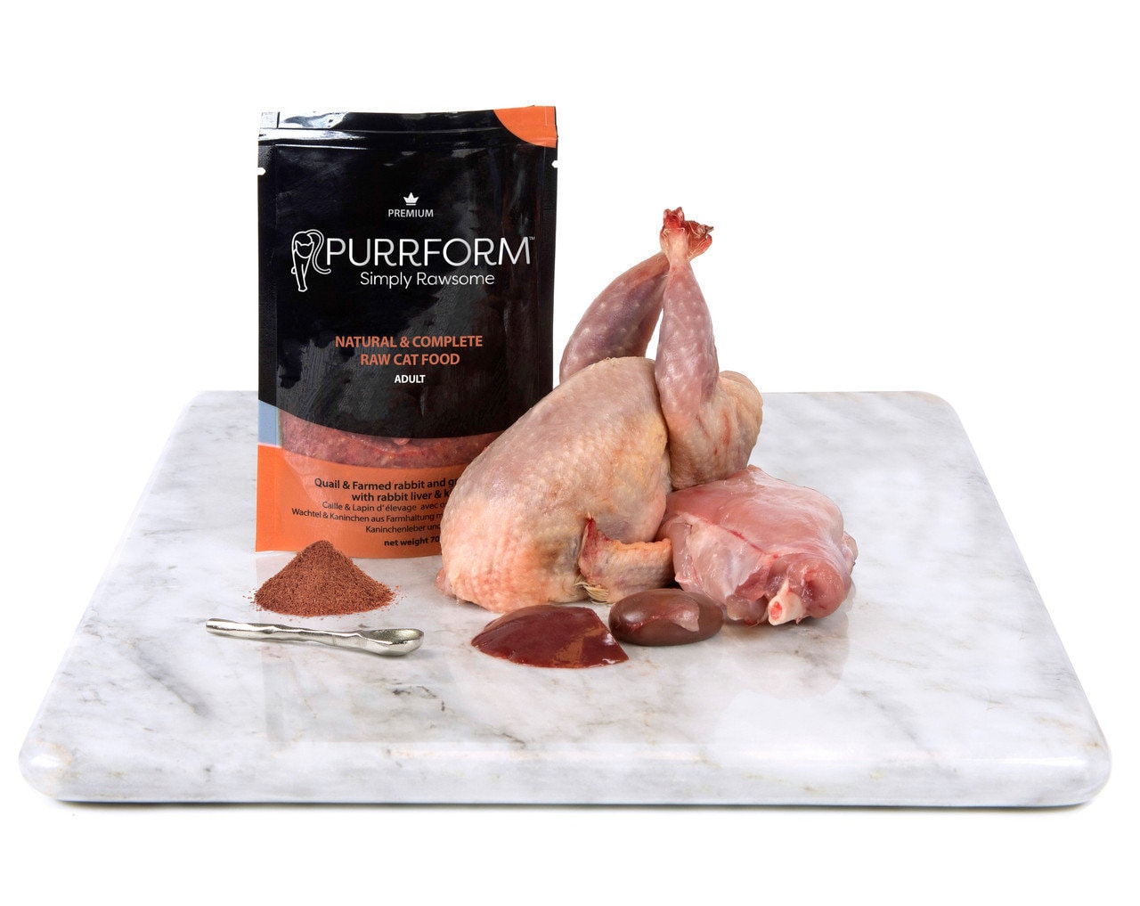 Cat Premium Organic Raw Food 5 Boxes Purrform Quail & Rabbit Ground Bone with Rabbit Liver + Kidney Pouches